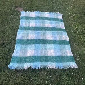 HUDSON’S BAY COMPANY Vintage Mohair Wool  Throw Blanket Green Blue Cream